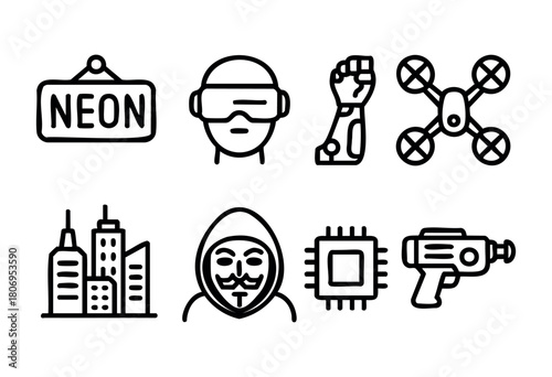 Various symbols representing technology and the urban landscape are arranged in a minimalistic style. Highlights include a neon sign, a virtual reality headset, and modern city skyscrapers.