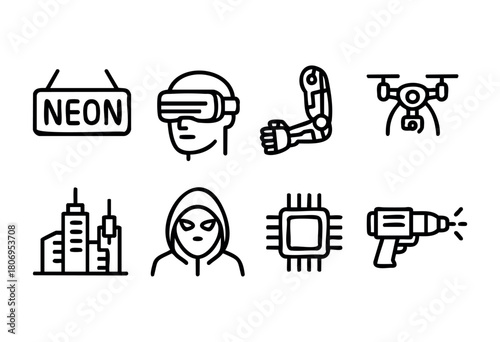 A creative representation of futuristic elements showcases virtual reality gear, robotic enhancements, drones, and urban landscapes, all highlighting advanced technologies in a digital format.