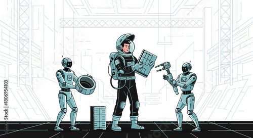 Astronaut with Robots Building Futuristic Space Station in Minimalist Style Illustration
