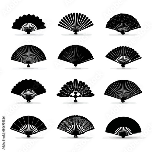 Collection of 12 black paper fans on white background
