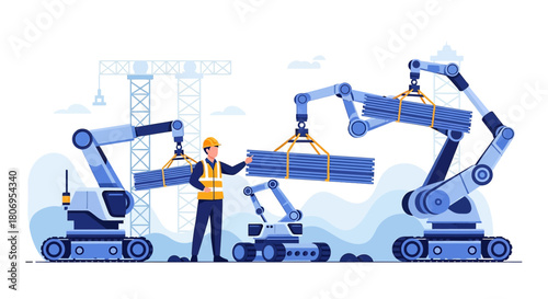Automated construction site with robotic arms and foreman overseeing material lifting process