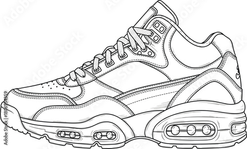Aggressive Mid-Top Basketball Sneaker Vector Outline Illustration for 90s Sports Footwear Graphics and Streetwear Apparel Design