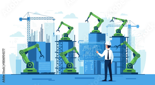 Automated construction site with robotic arms and engineer overseeing blueprint execution