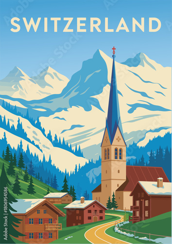 Switzerland travel retro poster, nature vintage banner, summer alps landscape, mountain austria village, flat vector illustration, scenic travel design, alpine adventure