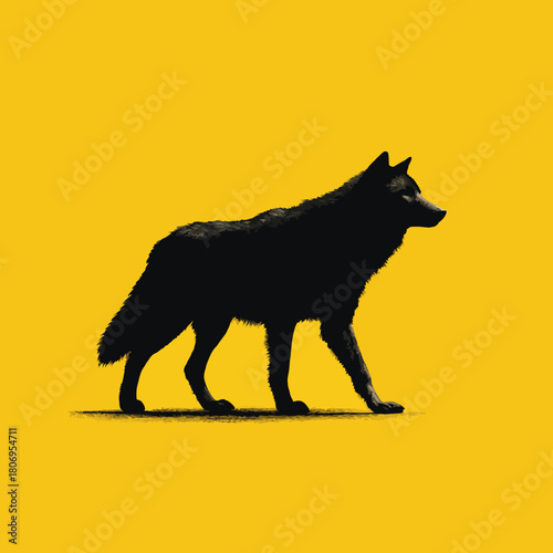 Silhouette of a wolf walking on a yellow background