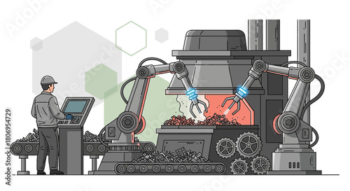 Automated industry with worker operating recycling machine and robotic arms refining materials,