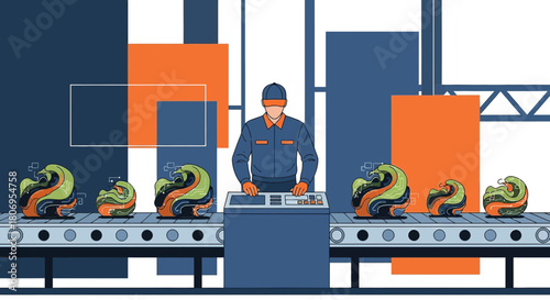 Automated manufacturing process of abstract organic forms monitored by a factory worker