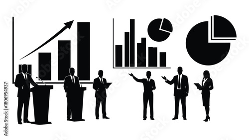Business presentation silhouettes with data charts isolated on white background, Vector