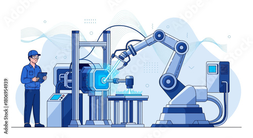 Automated manufacturing setup featuring a worker and a robotic arm operating in a factory setting