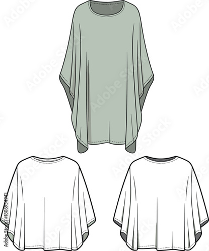 Cad drawing flat vector illustration of loose fit poncho top garment, fashion flat template with front and back technical sketch