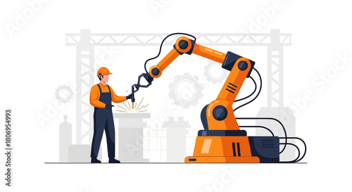 Automated manufacturing, modern industrial engineering with robot arm and worker, innovative