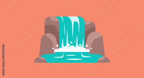 Stylized Waterfall Illustration with Flowing Water and Rocks.