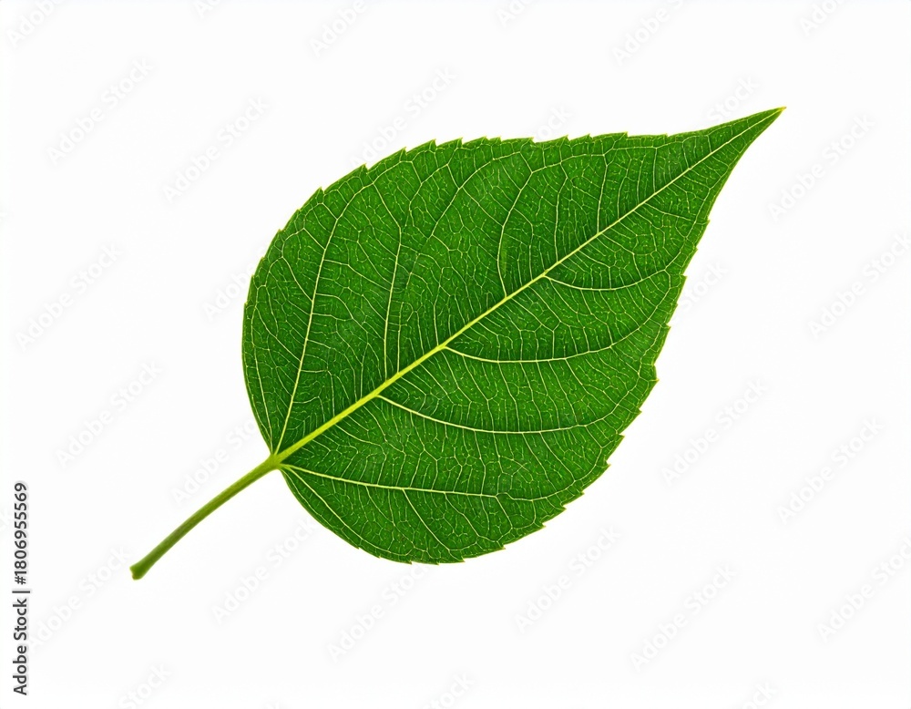 Obraz premium Single green leaf with symmetrical veins and serrated edges on white background