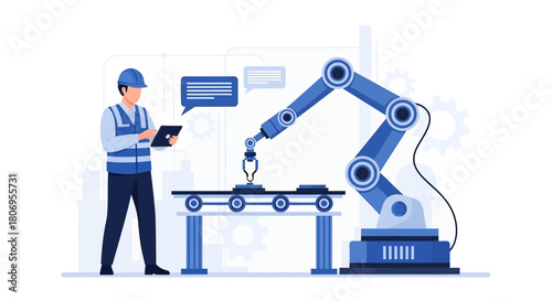 Automation professional overseeing robotic arm operation on industrial production line using tablet