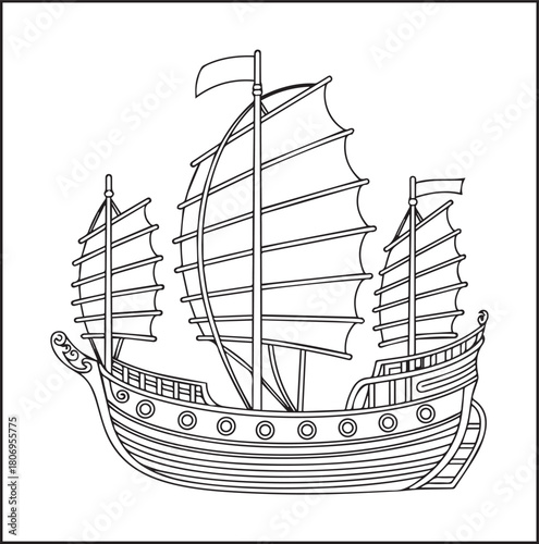 Simple and beautiful ship on sea water black vector line art illustration for children coloring page or book design 