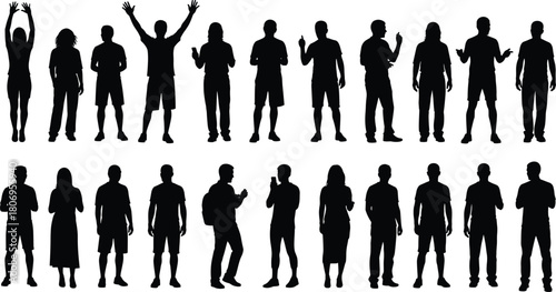 Silhouettes of diverse people standing, gesturing, using phones, expressing emotions, full-body human poses, casual figures for communication and design purposes