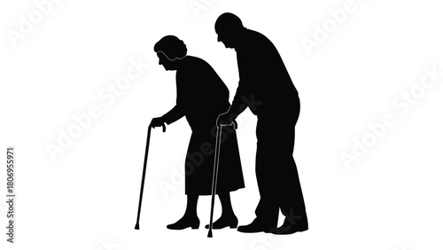 Elderly couple silhouette with walking sticks isolated on white background, Vector