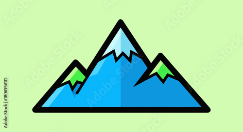 Stylized illustration of three mountain peaks with snow and green accents.