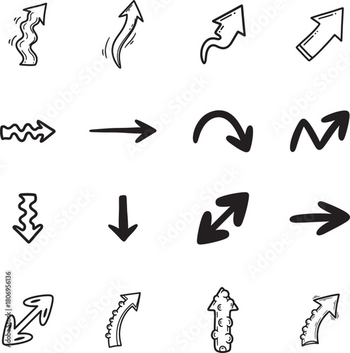 Bumpy Arrow doodle line art collection. Includes line art symbols arrow, direction, pointer, wavy, slide and more. Arrow doodle set. Minimalist doodles pack.