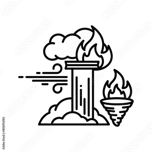 Illustration of a torch on a pedestal with flames and smoke, wind blowing, isolated on