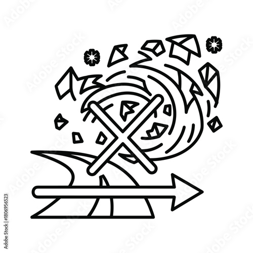 Illustration of a destructive force or chaotic event with an arrow indicating direction