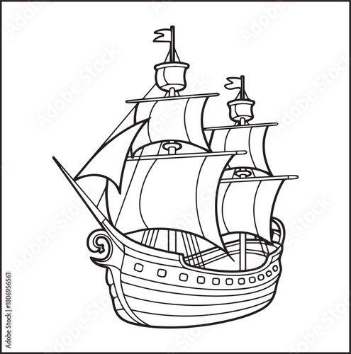 Simple and beautiful ship on sea water black vector line art illustration for children coloring page or book design 
