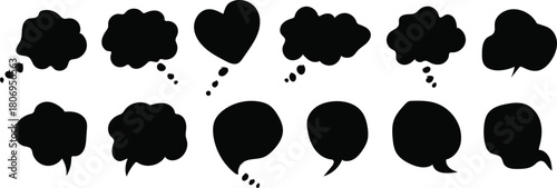 Collection of hand drawn black speech bubbles and thought clouds