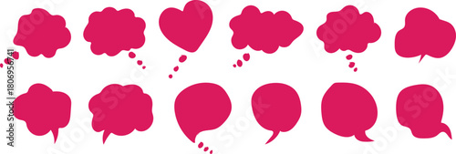 Collection of hand drawn pink speech bubbles and thought clouds