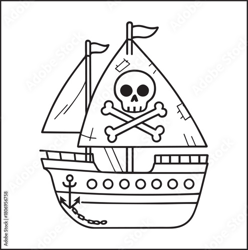 Simple and beautiful sailboat on sea water black vector line art illustration for children coloring page or book design 