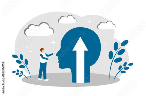 A man, a head and an arrow. The concept of personal growth, good idea, vitality, good mood, mental health, and core growth