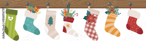 Vector illustration of Christmas socks on mantel on white background. Perfect for the festive Christmas season, as well as fall and winter merchandise.