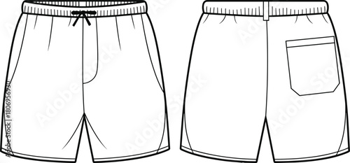 Casual elastic waist shorts fashion flat sketch with front and back views, drawstring design, pocket details, cad drawing flat vector illustration