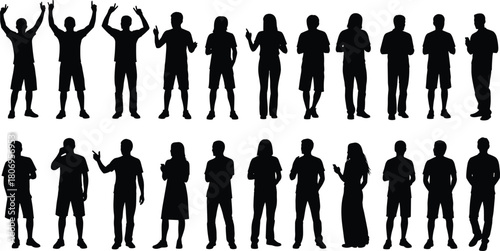 Silhouettes of diverse people standing, talking, gesturing, using phones, full-body human poses, communication actions, casual figures for design resources