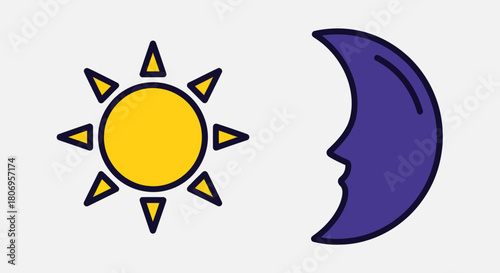 Sun and Moon Icons Representing Day and Night Cycle.