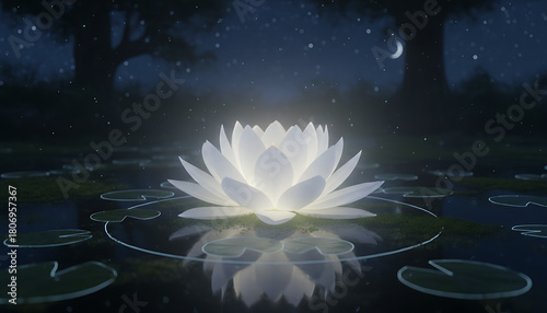 A white glowing lotus floating in the pond at night