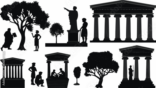 Ancient Greece silhouette scene with trees, temples, and people in classical attire, evoking history