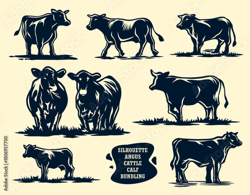 Dynamic Angus Cattle Silhouette Collection in Multiple Poses – Vintage Farm Illustration