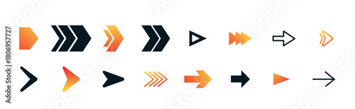 Flat design right arrow collection. Colorful Arrow Icons Set in Flat Minimal Style with Curved and Straight Arrows Isolated on White Background Vector Illustration.