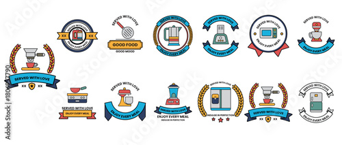 A collection of badges with various kitchen appliances and utensils