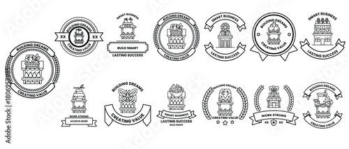 A collection of logos and symbols, including a cake, a tree, and a building