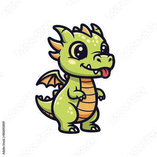 Cute cartoon dragon with green scales and orange accents standing.