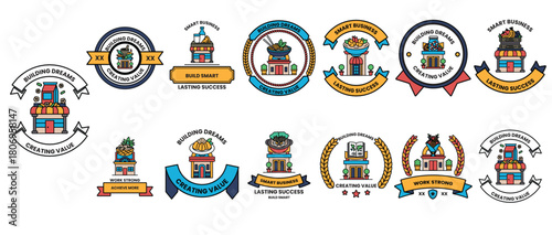 A collection of colorful and stylized badges, each with a different design