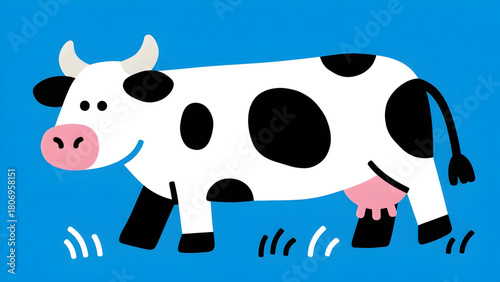 Cute cartoon cow with black spots on a blue background
