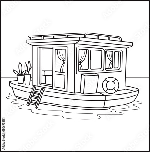 Simple and beautiful ship on sea water black vector line art illustration for children coloring page or book design 