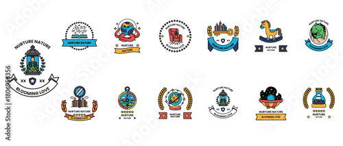 A collection of symbols and icons, including a house, a tree, a book, a chair