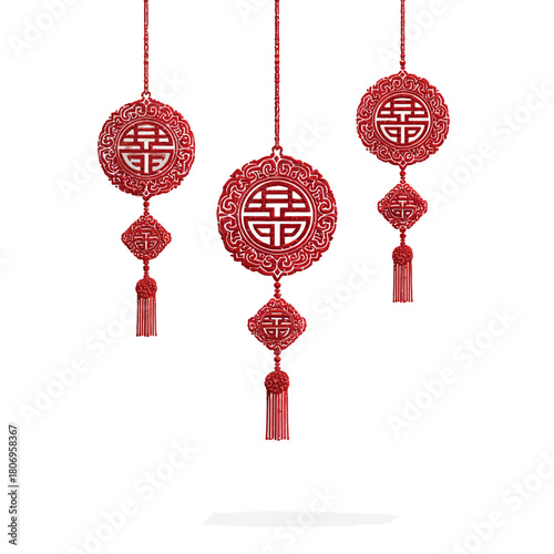 Red Chinese good fortune ornaments with tassels hanging
