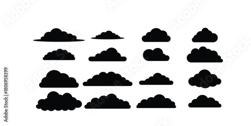 Collection of Black Cloud Icons weather. Vector set of black cloud icons in flat style, ideal for weather apps. Modern cloud icon and signage graphic. Fluffy clouds silhouettes, vector illustration.