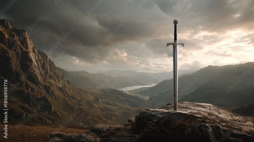 Fototapeta premium Ancient mythical sword embedded in rugged terrain with misty mountains and dramatic sky, fantasy landscape with epic mystical atmosphere