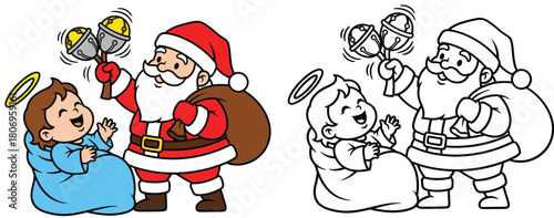 Santa Playing with Baby Angel Using Jingle Bells Cute Christmas Heaven Cartoon Illustration with Colored and Line Art Versions for Kids and Festive Projects