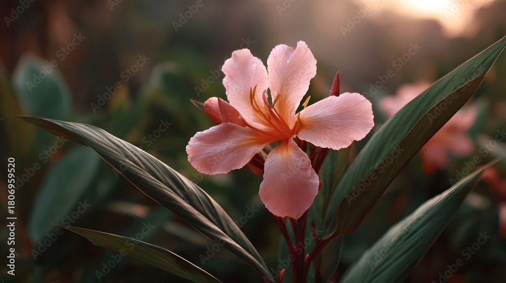Fototapeta premium A delicate pink flower with soft petals blooms gently in the diffused light of dusk